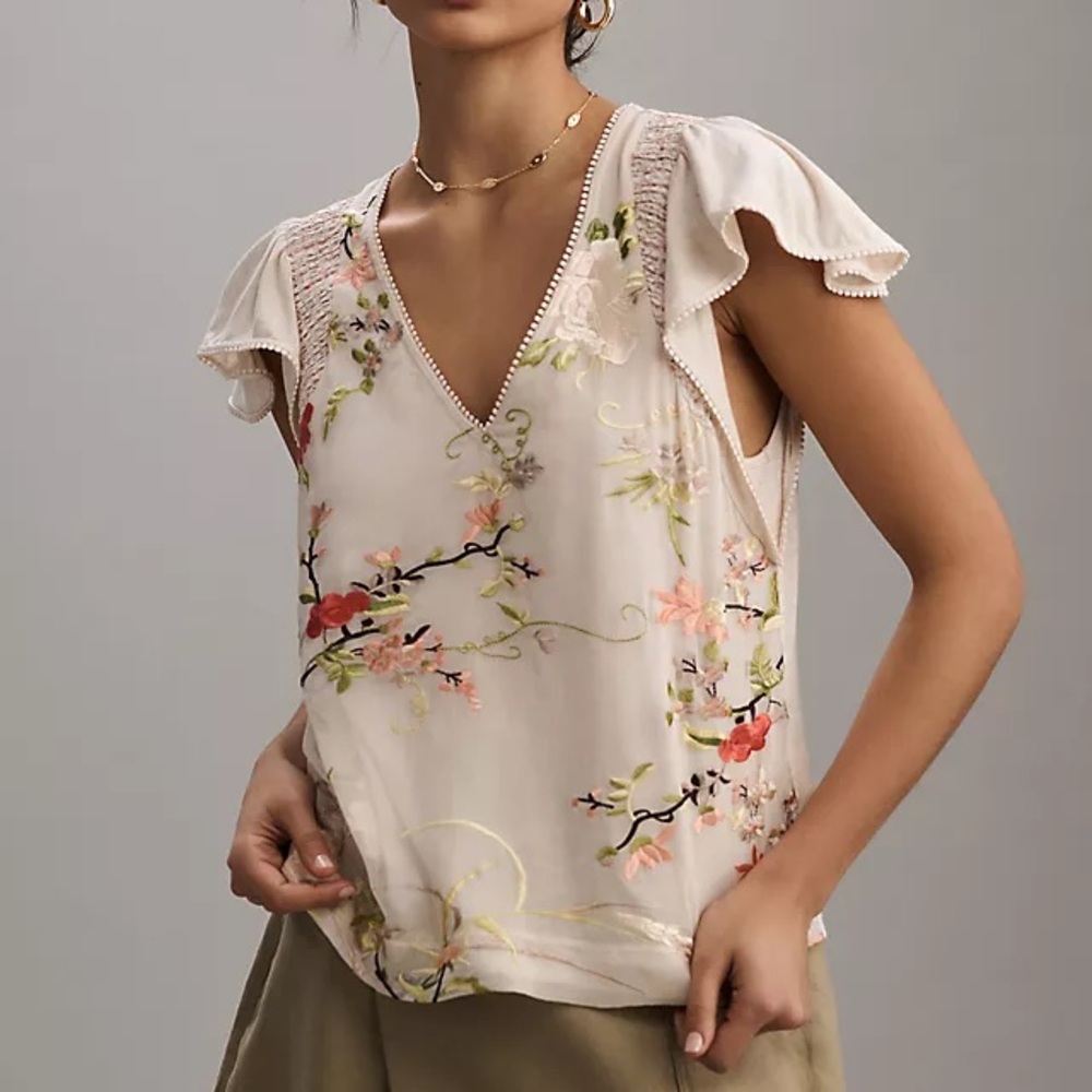 Anthropologie Floral Embroidered Cream Top